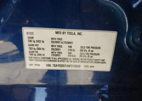 2022 Tesla Model Y Performance Dual Motor All-Wheel Drive z USA, uszkodzony, nr VIN 7SAYGDEF4NF510849